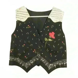 Vintage 90s Cottagecore Music Floral  Rose Black Button Up Vest